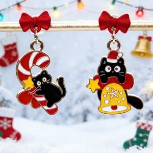 Black Cat Christmas Drop Earrings Candy Cane & Bell Style